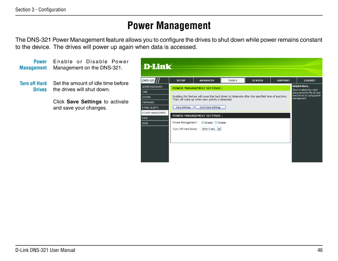 D-Link DNS-321 manual Power Management, Drives 