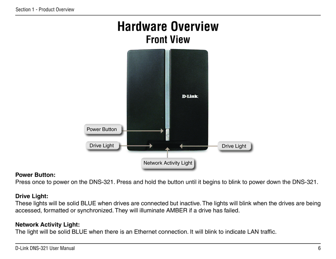 D-Link DNS-321 manual Hardware Overview, Front View, Power Button, Drive Light, Network Activity Light 