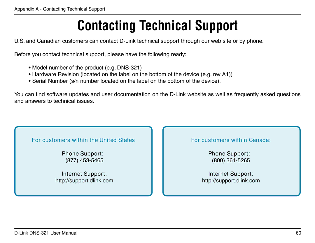 D-Link DNS-321 manual Contacting Technical Support, Phone Support 