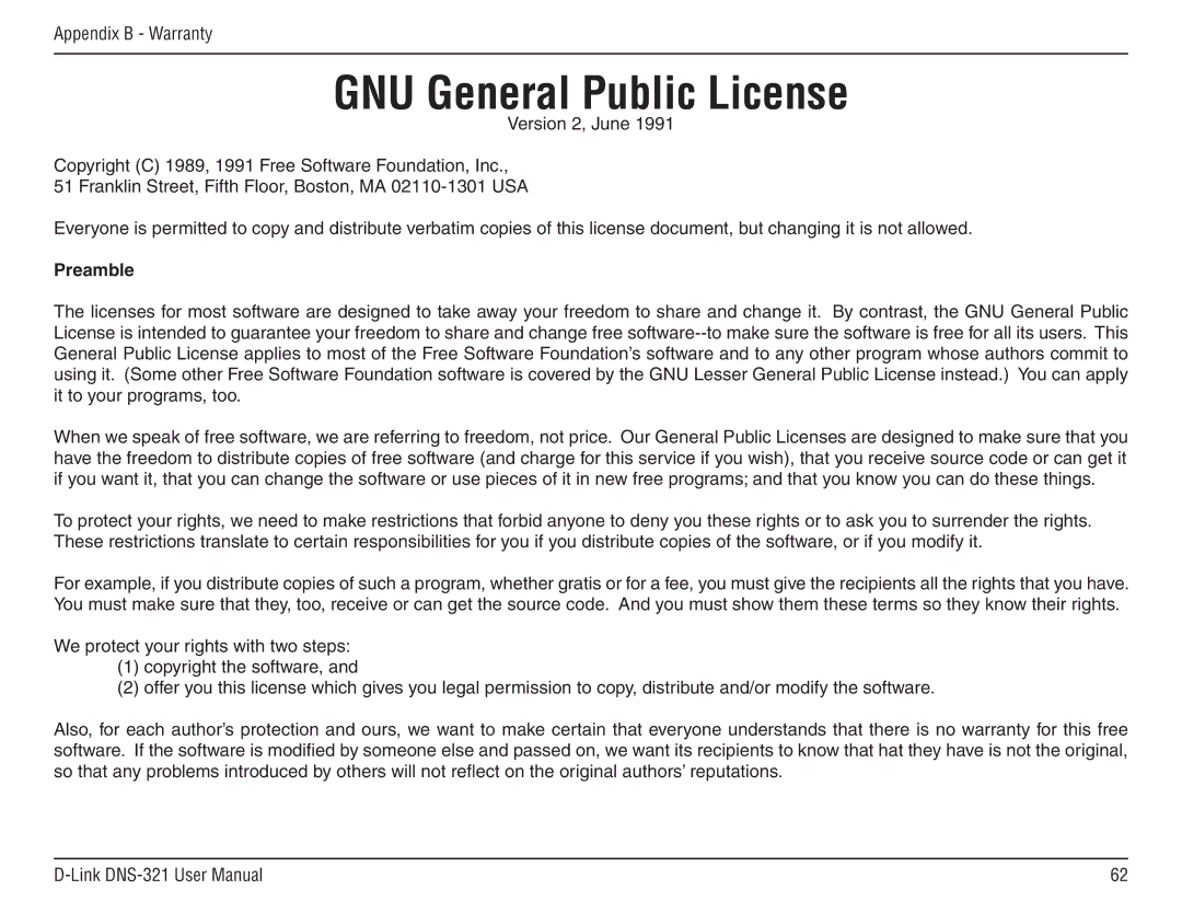 D-Link DNS-321 manual GNU General Public License, Preamble 