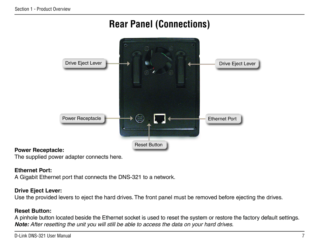 D-Link DNS-321 manual Rear Panel Connections, Power Receptacle, Ethernet Port, Drive Eject Lever, Reset Button 