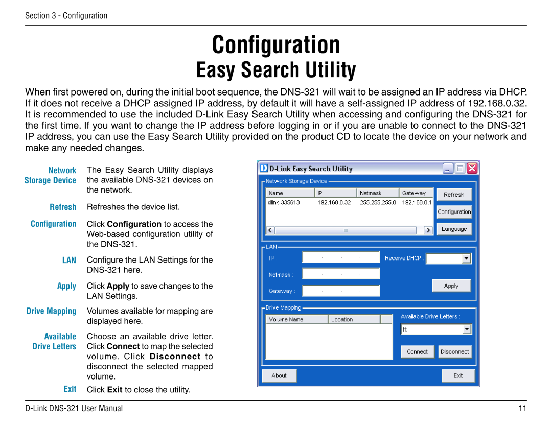 D-Link DNS-321 manual Configuration, Easy Search Utility 
