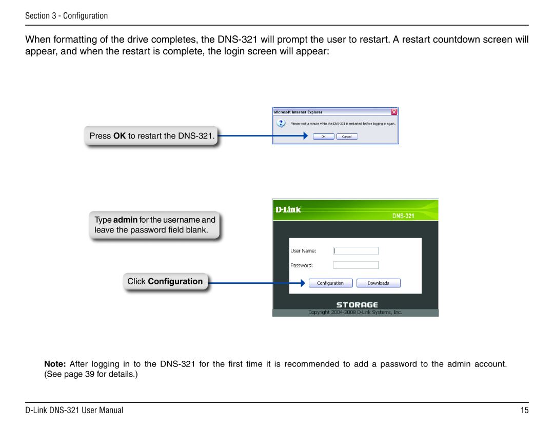 D-Link DNS-321 manual Click Configuration 