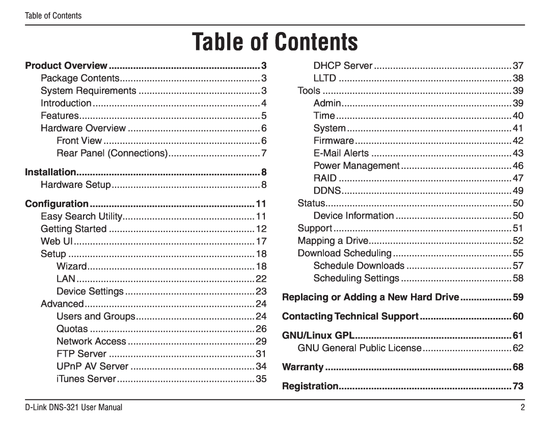 D-Link DNS-321 manual Table of Contents, Installation, Configuration, GNU/Linux GPL, Warranty, Registration 