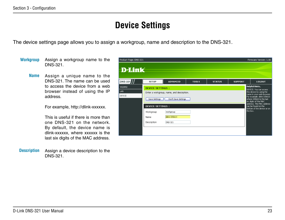 D-Link DNS-321 manual Device Settings 
