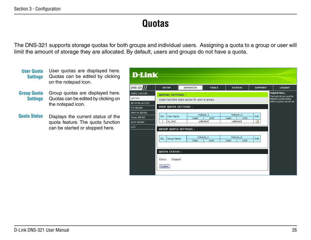 D-Link DNS-321 manual Quotas, Quota Status 