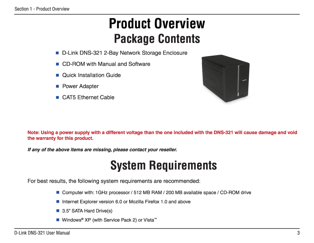 D-Link DNS-321 manual Product Overview, Package Contents, System Requirements 