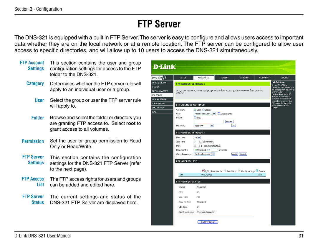 D-Link DNS-321 manual FTP Server, Permission 