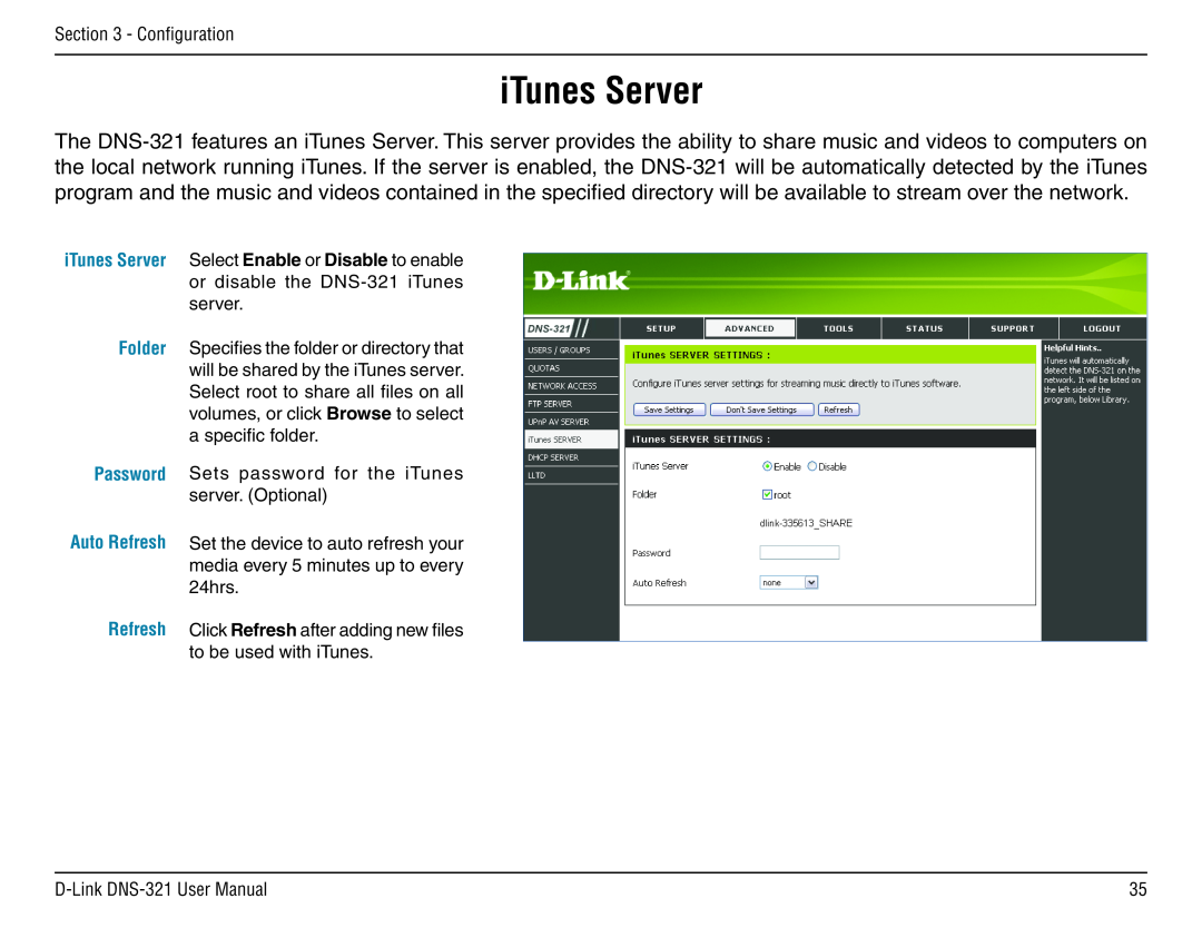 D-Link DNS-321 manual iTunes Server, Password Auto Refresh 