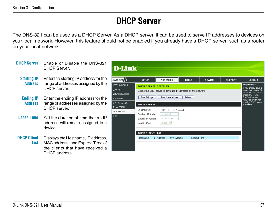 D-Link DNS-321 manual DHCP Server, DHCP Client List 