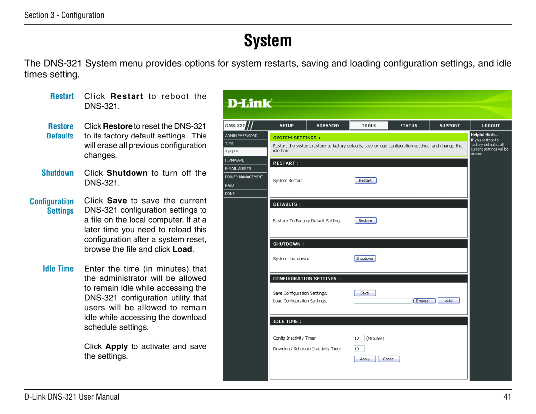 D-Link DNS-321 manual System, Restart, Restore, Defaults, Shutdown, Settings, Idle Time 