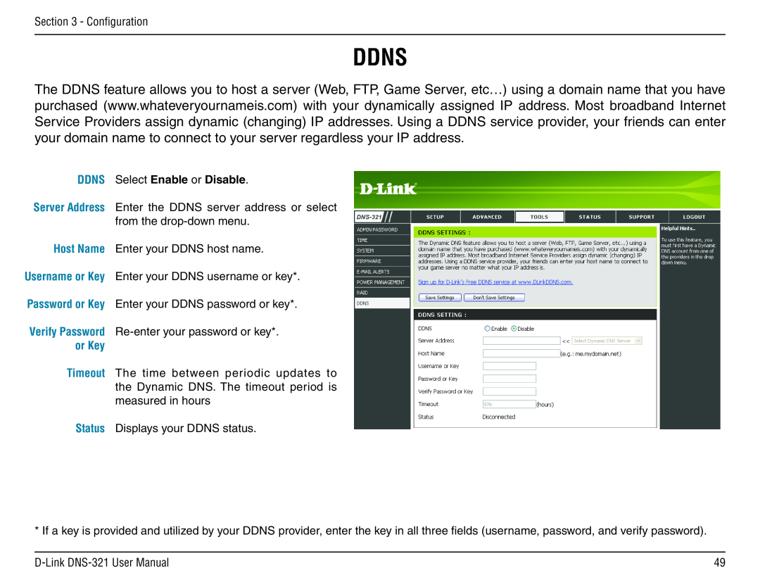 D-Link DNS-321 manual Ddns, DDNS Select Enable or Disable 