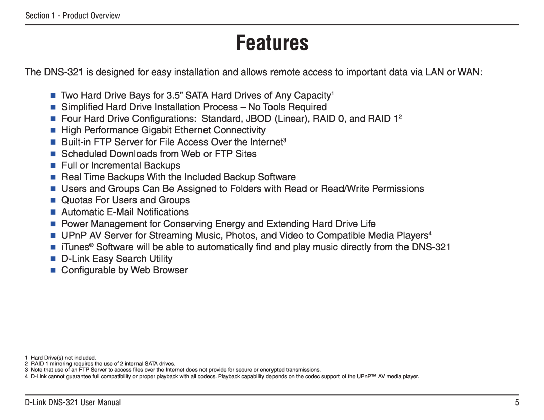 D-Link DNS-321 manual Features 
