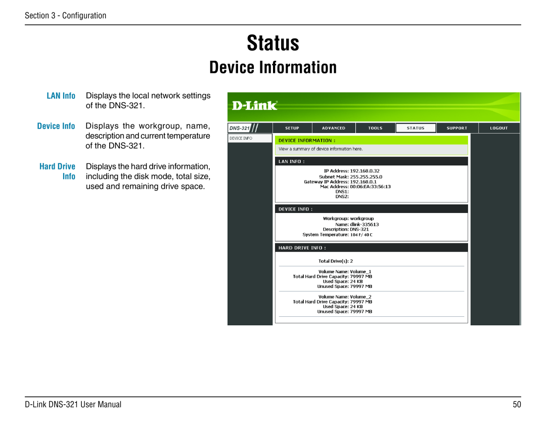 D-Link DNS-321 manual Status, Device Information 