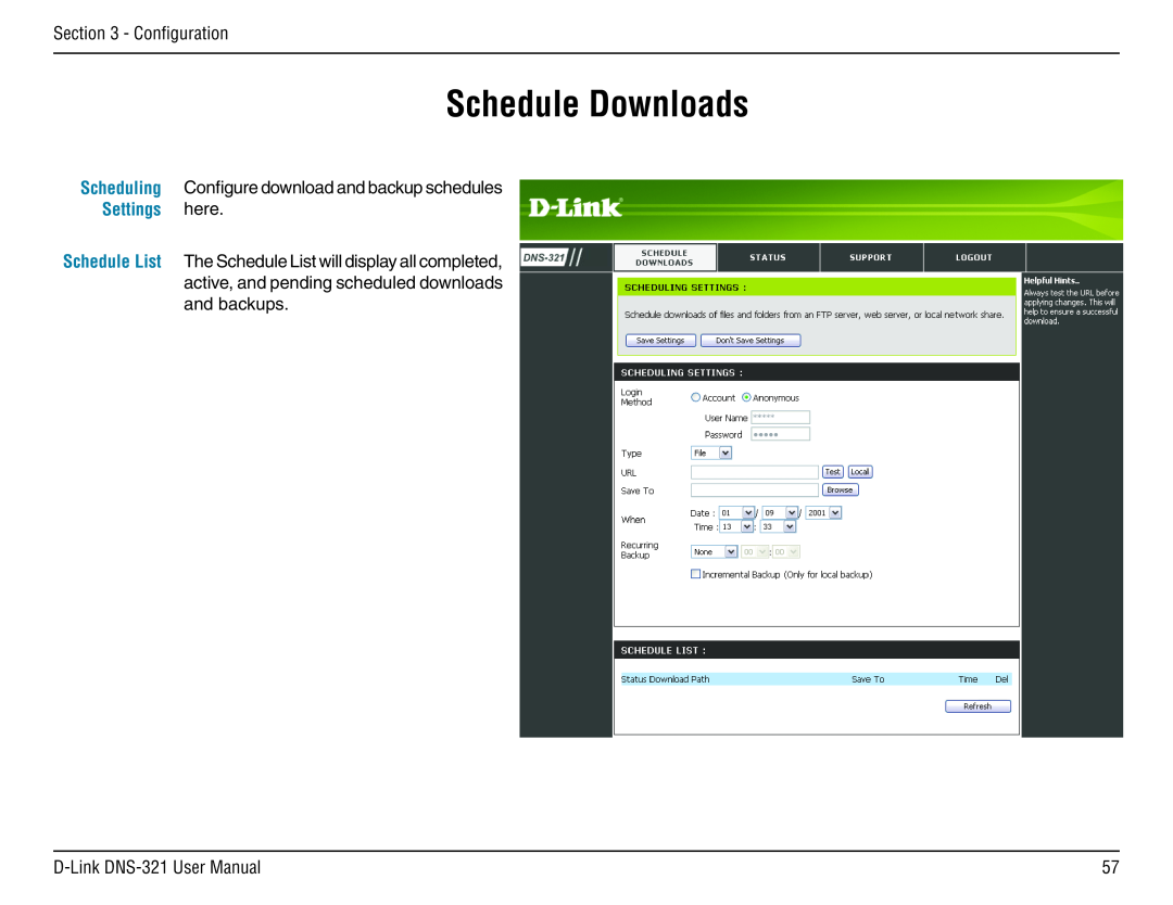 D-Link DNS-321 manual Schedule Downloads, Settings here 