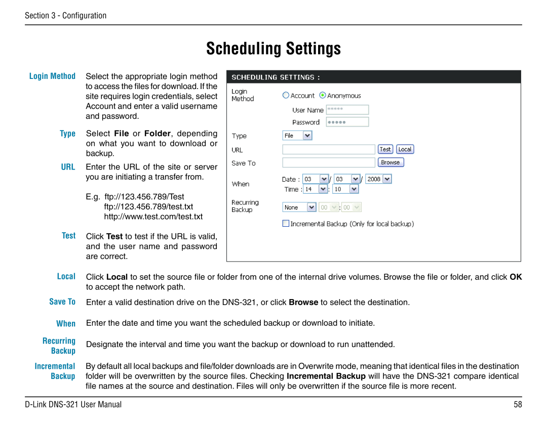 D-Link DNS-321 manual Scheduling Settings, URL Test, Save To When Recurring Backup Incremental Backup 