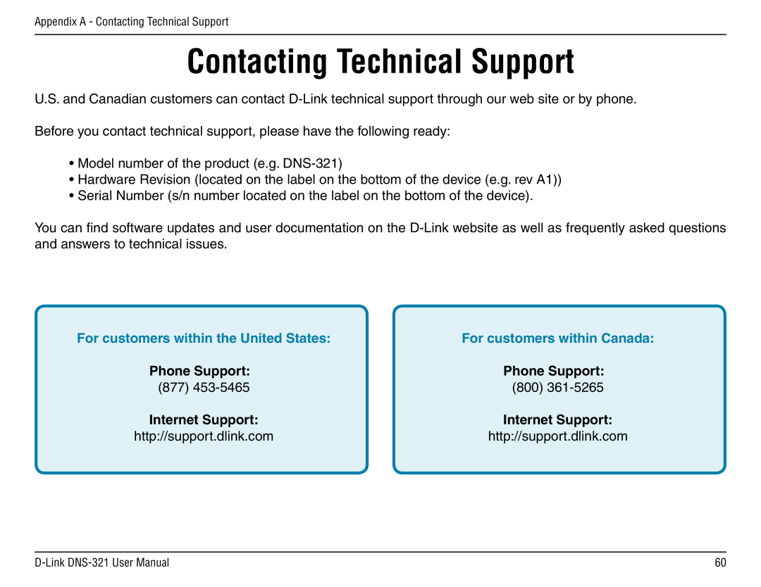 D-Link DNS-321 manual Contacting Technical Support, Phone Support 