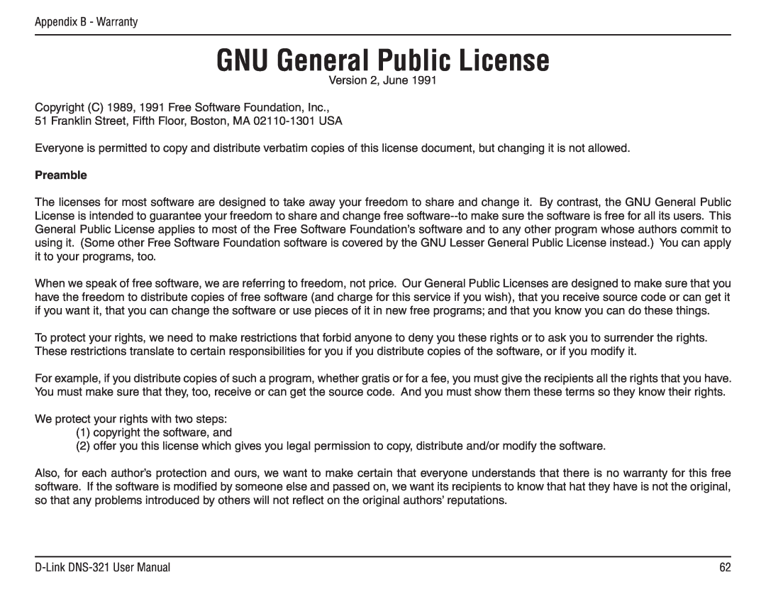 D-Link DNS-321 manual GNU General Public License, Preamble 