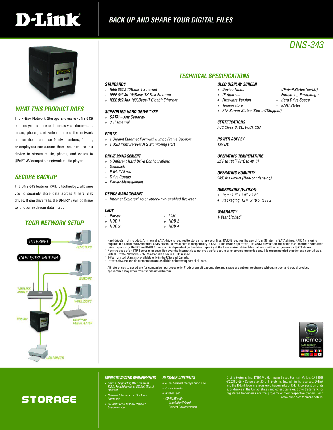 D-Link DNS-343 manual What this Product does, Technical Specifications, Secure Backup, Your Network Setup 