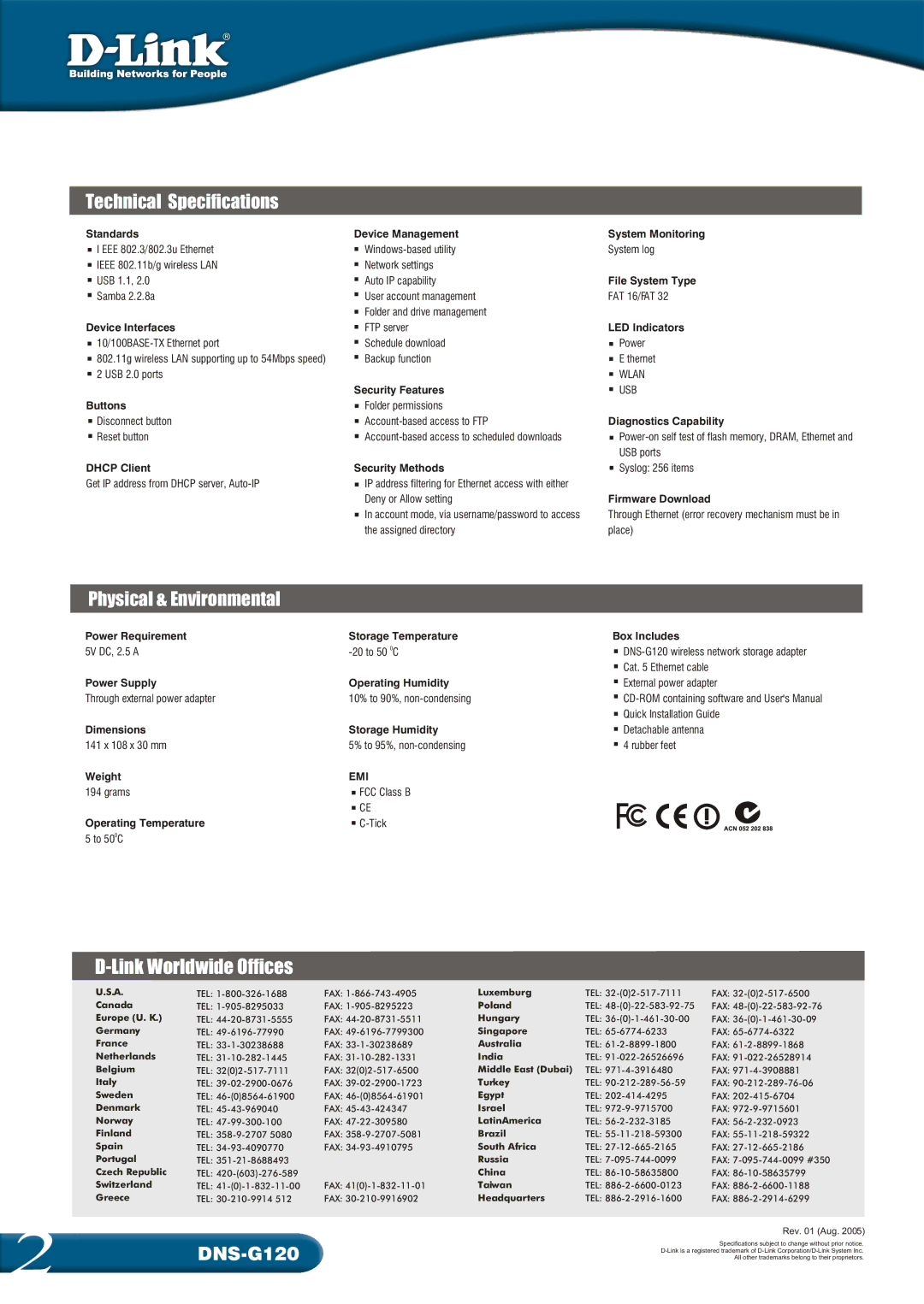 D-Link DNS-G120 manual Technical Specifications, Physical & Environmental 