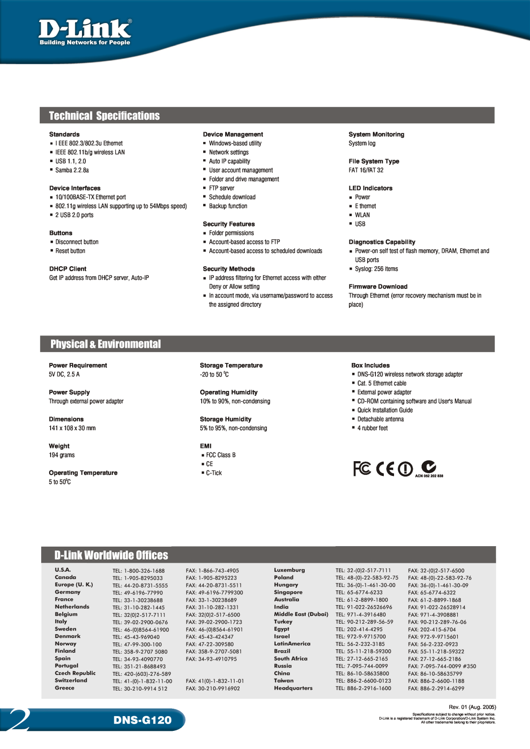D-Link DNS-G120 manual D-Link Worldwide Offices, Technical Specifications, Physical & Environmental 