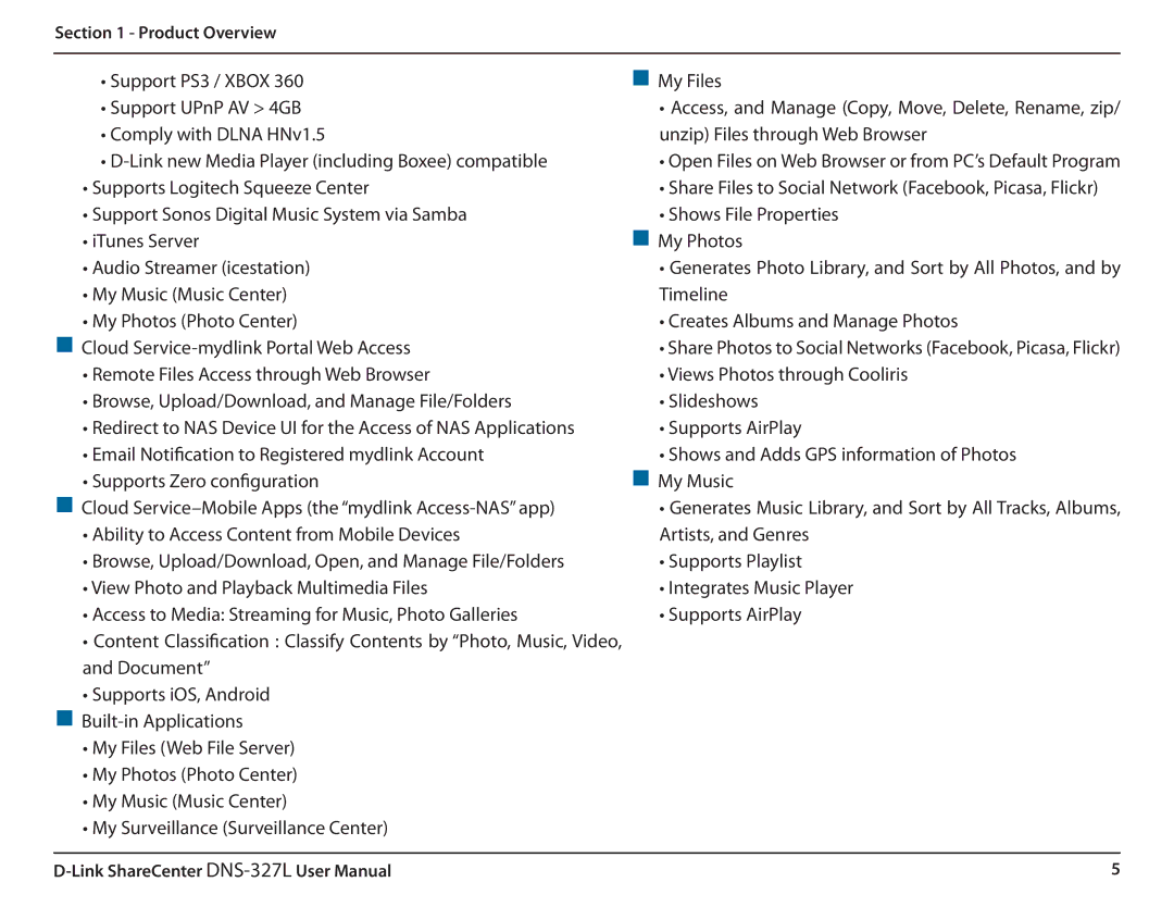 D-Link DNS327L user manual Support PS3 / Xbox „ My Files Support UPnP AV 4GB 