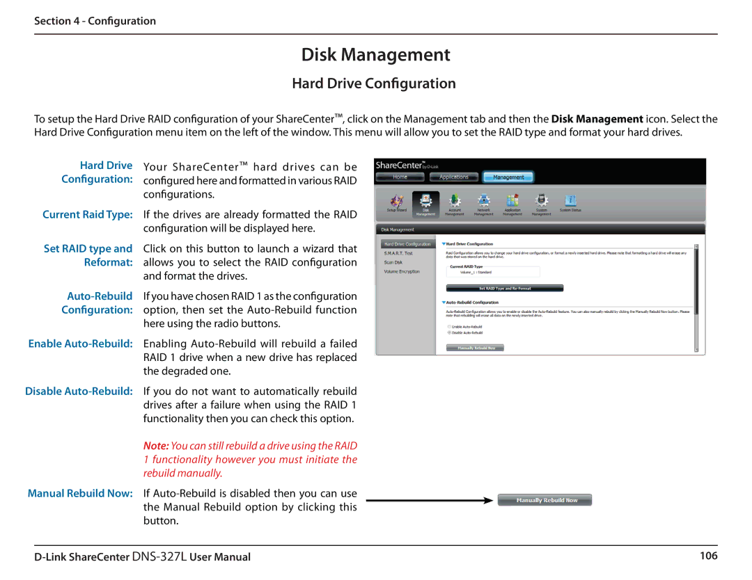 D-Link DNS327L user manual Disk Management, Hard Drive Configuration 