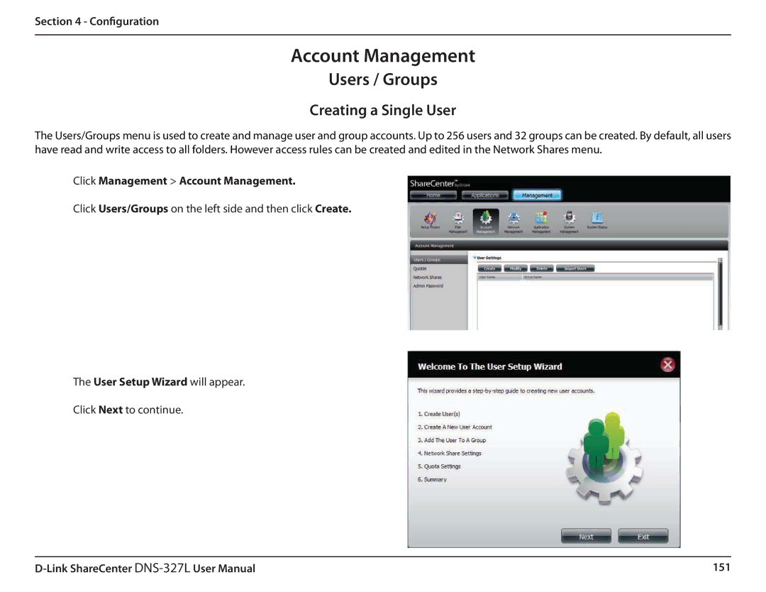 D-Link DNS327L user manual Account Management, Creating a Single User 