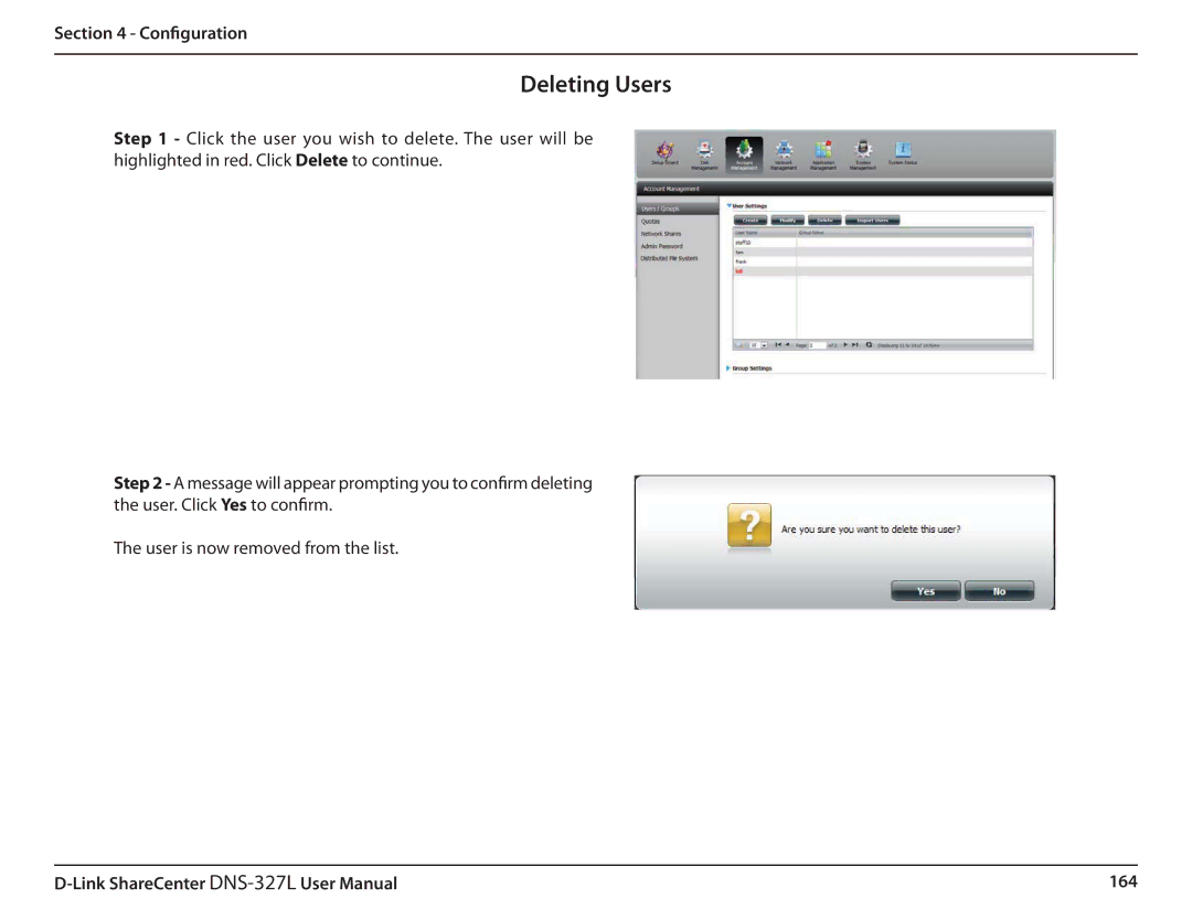 D-Link DNS327L user manual Deleting Users 