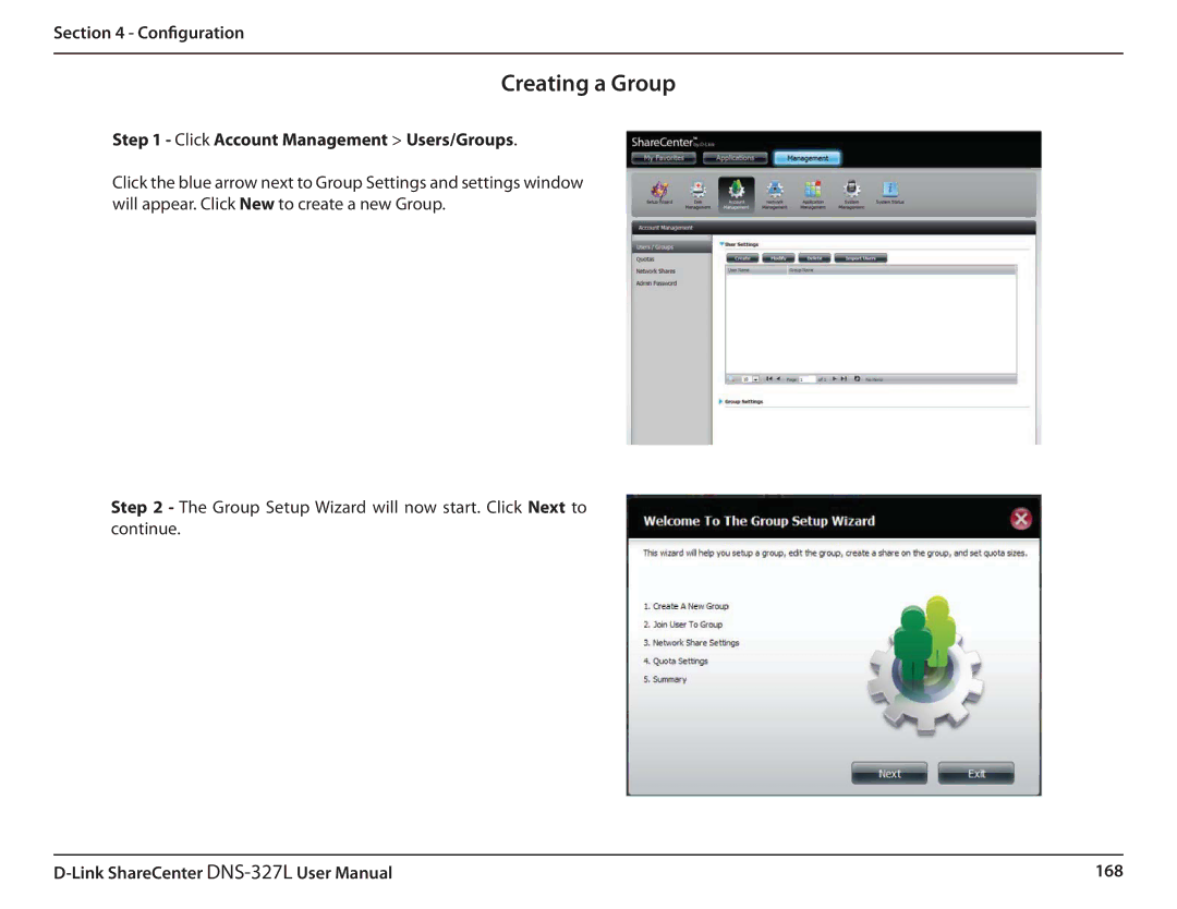 D-Link DNS327L user manual Creating a Group, Click Account Management Users/Groups 