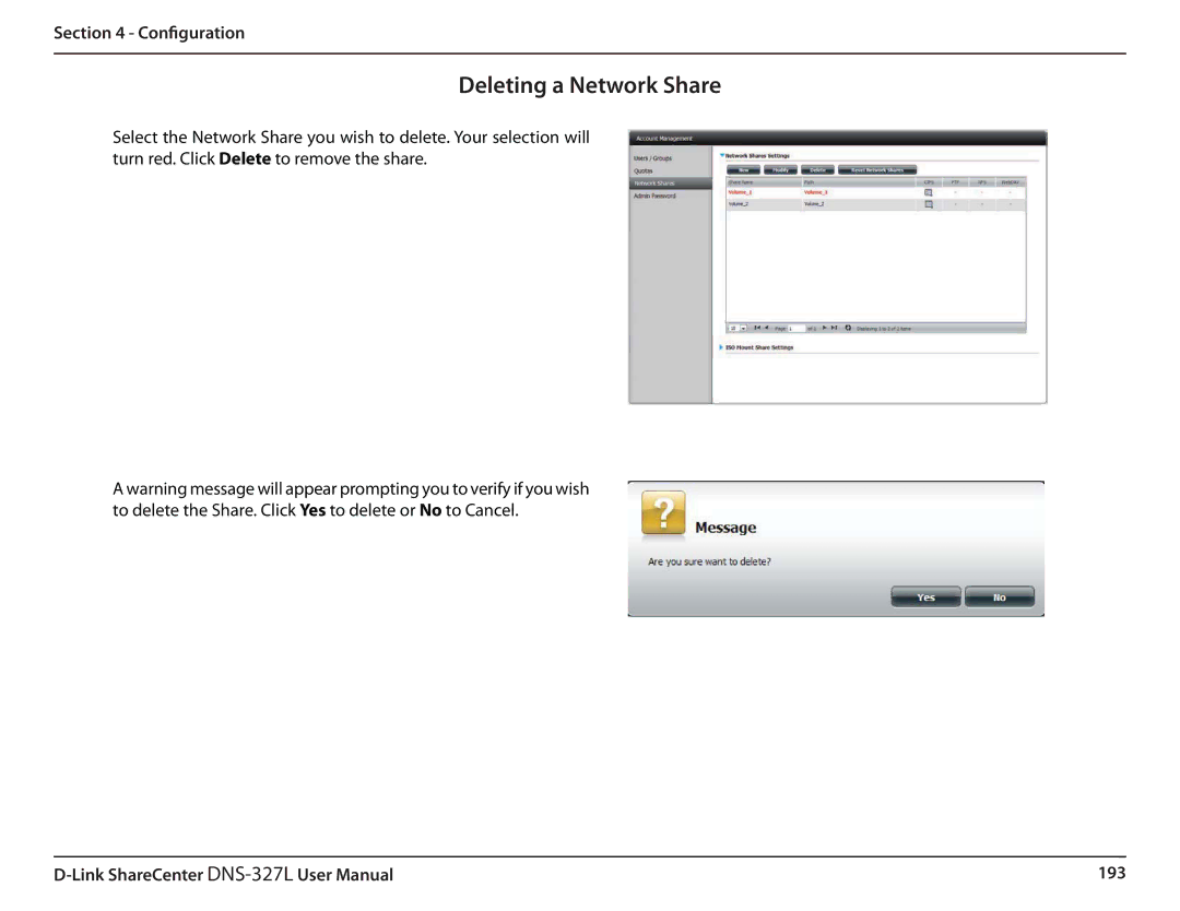 D-Link DNS327L user manual Deleting a Network Share 