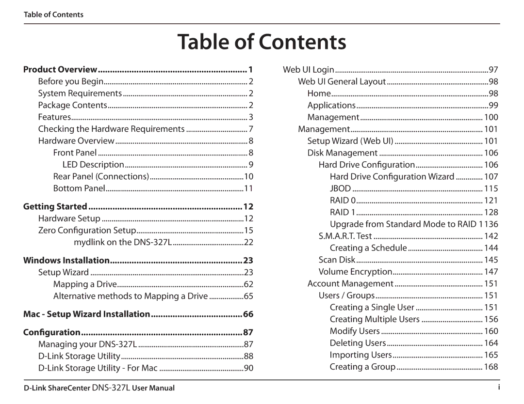 D-Link DNS327L user manual Table of Contents 