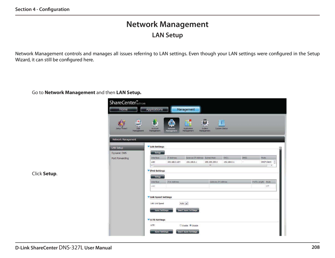 D-Link DNS327L user manual Network Management, LAN Setup 