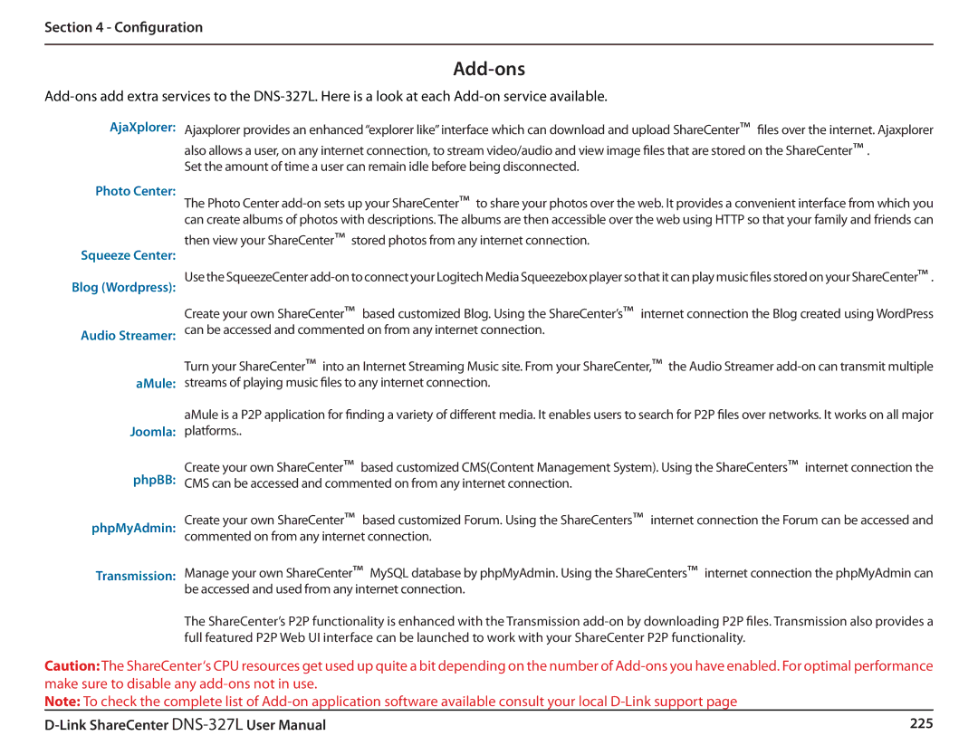 D-Link DNS327L user manual Add-ons, AMule Joomla PhpBB PhpMyAdmin 