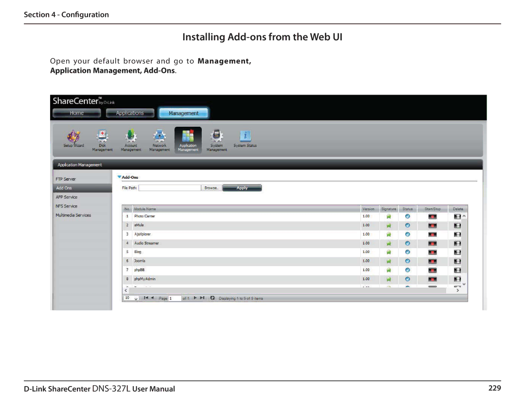 D-Link DNS327L user manual Installing Add-ons from the Web UI 