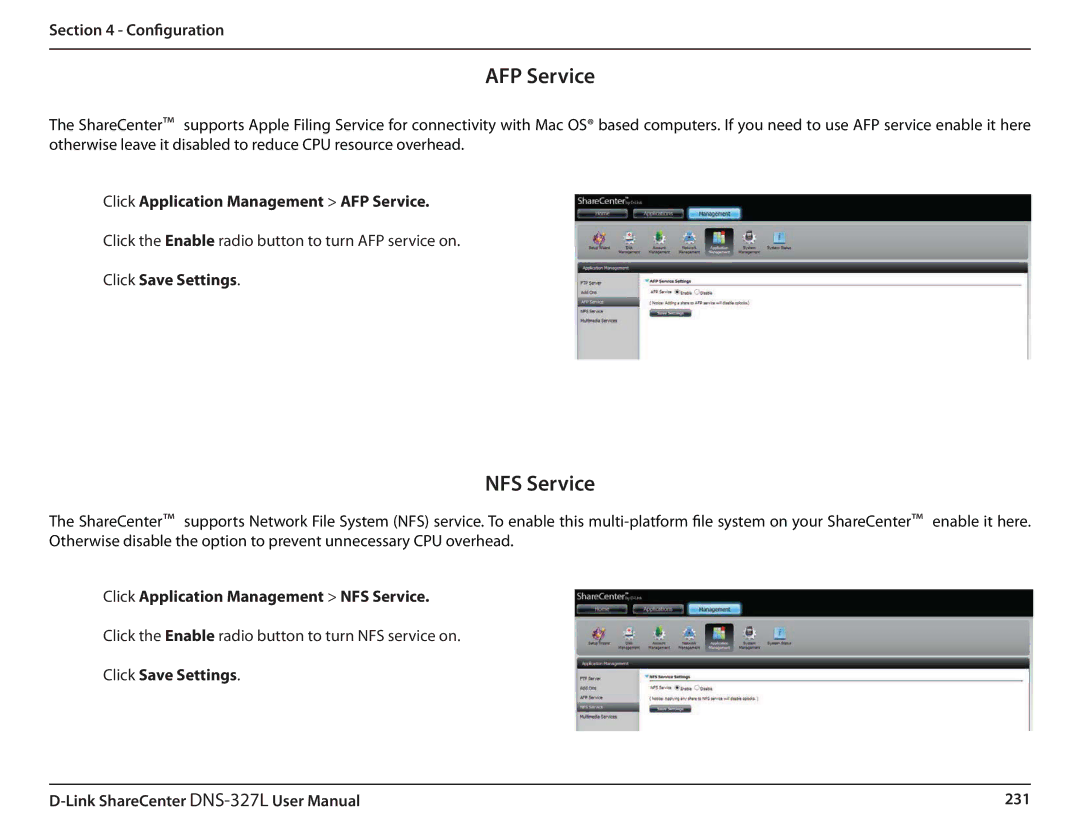 D-Link DNS327L user manual AFP Service, NFS Service 