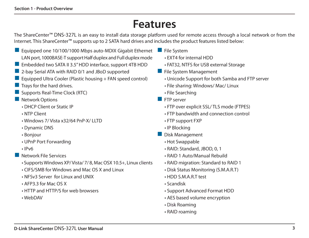 D-Link DNS327L user manual Features 