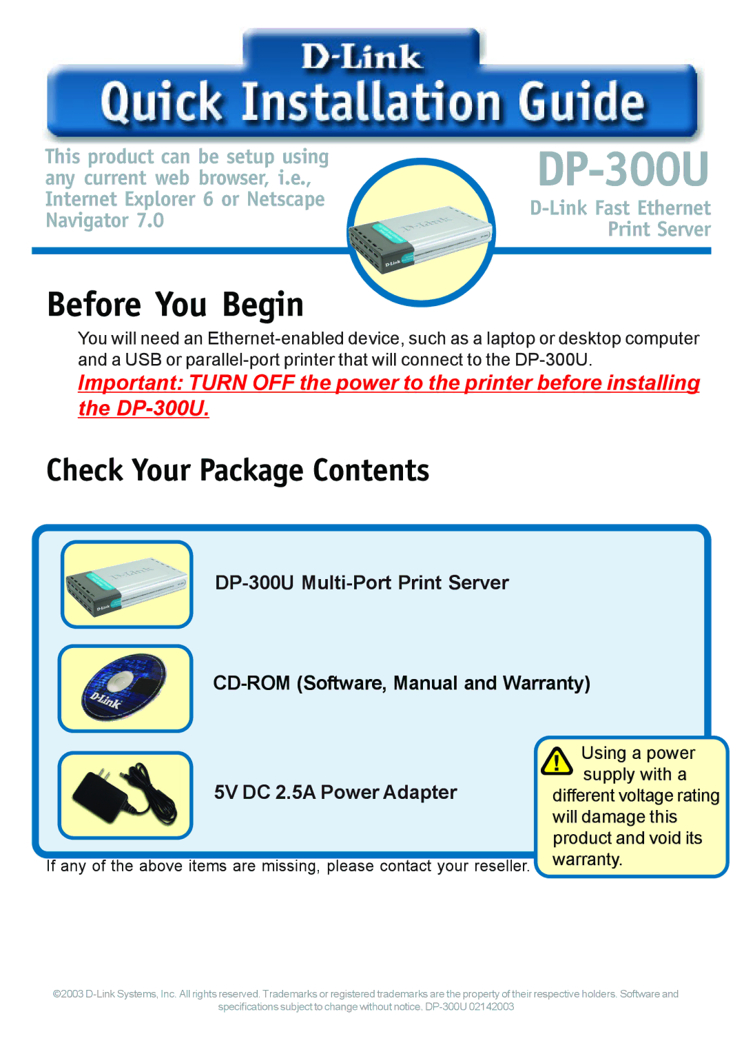 D-Link DP-300U specifications Before You Begin 