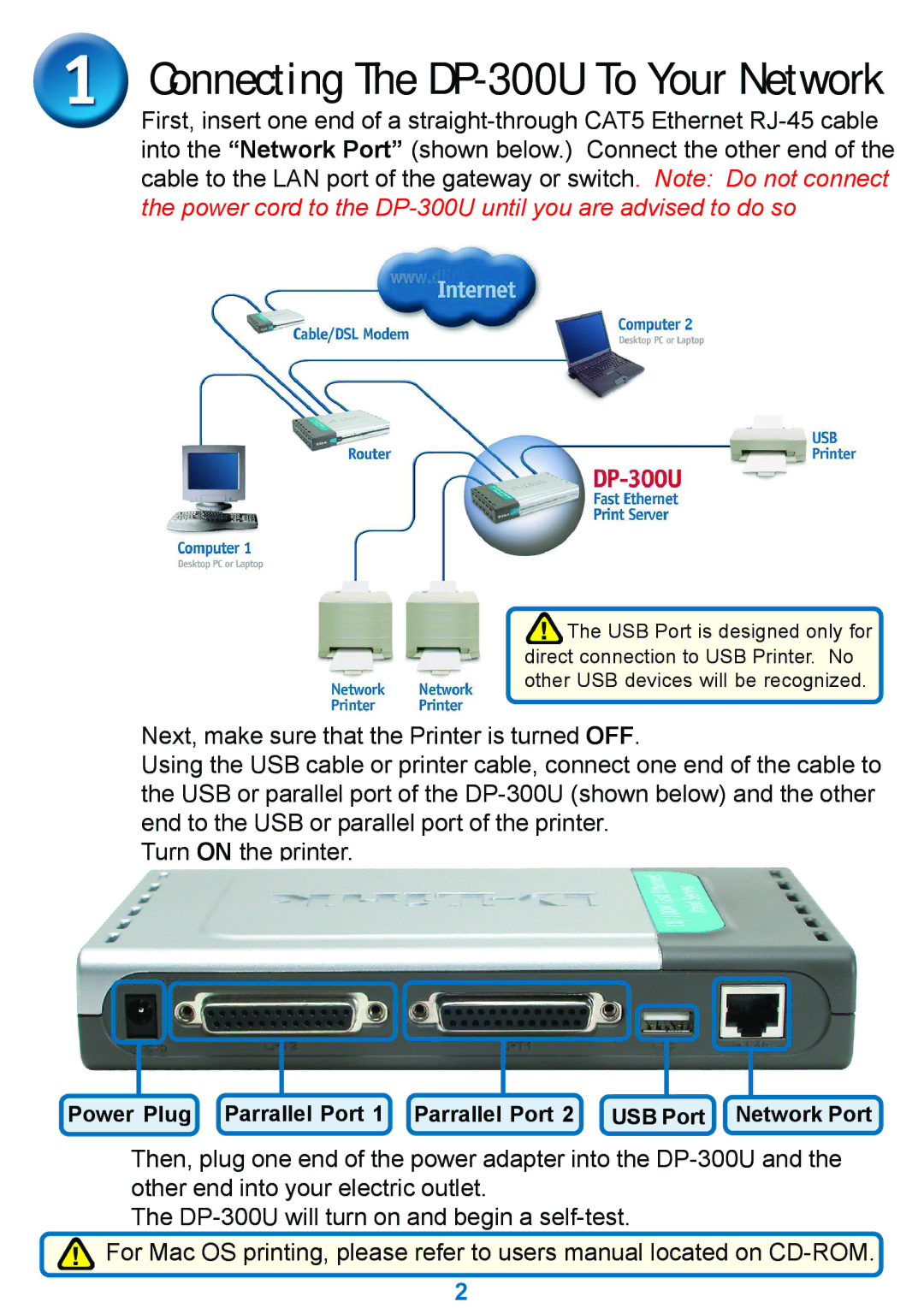 D-Link specifications Connecting The DP-300U To Your Network 