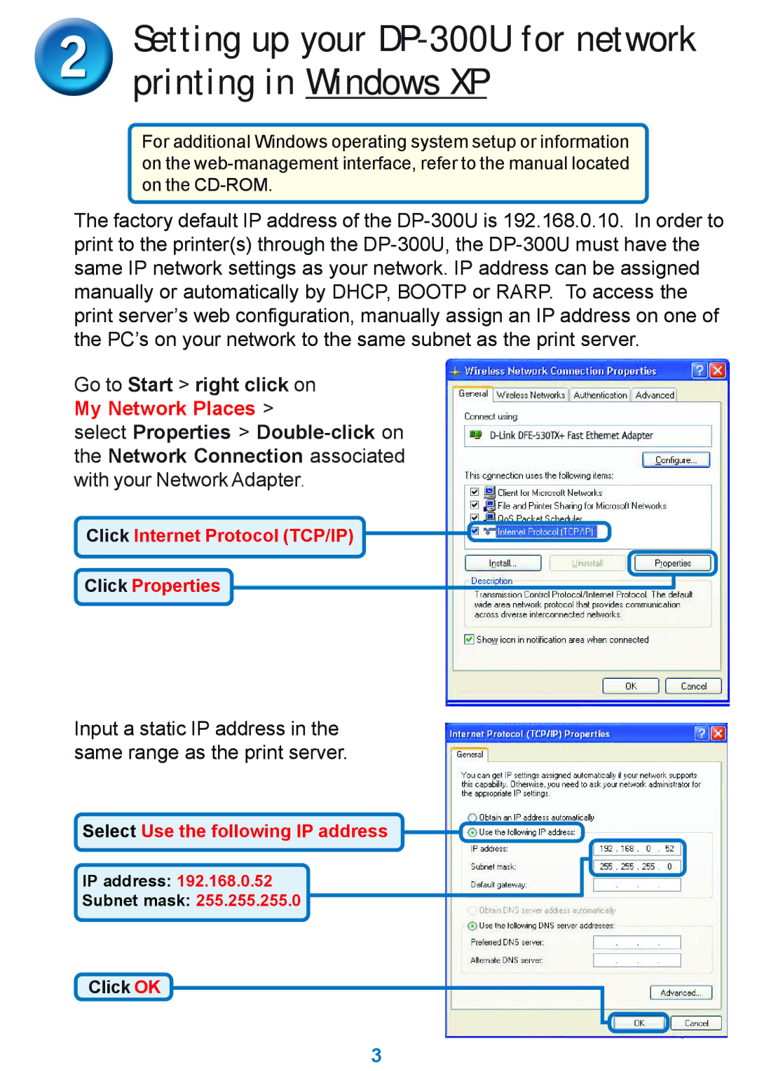 D-Link specifications Setting up your DP-300U for network printing in Windows XP, My Network Places 