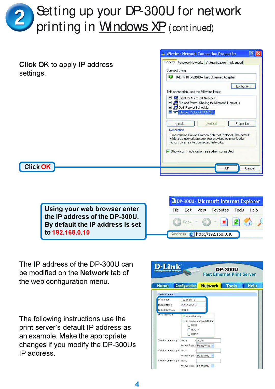 D-Link DP-300U specifications Click OK to apply IP address settings 