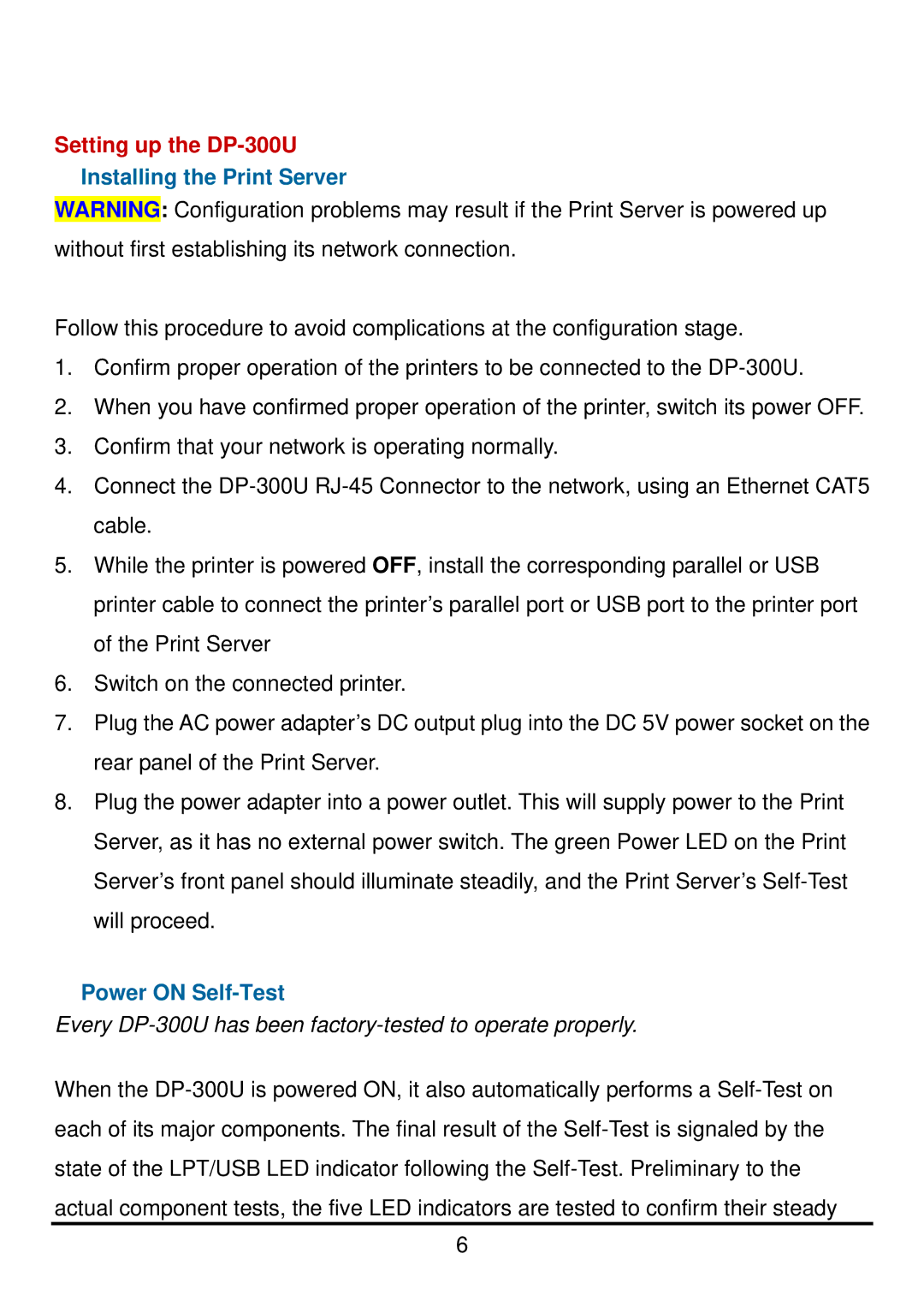 D-Link manual Setting up the DP-300U, Installing the Print Server, Power on Self-Test 