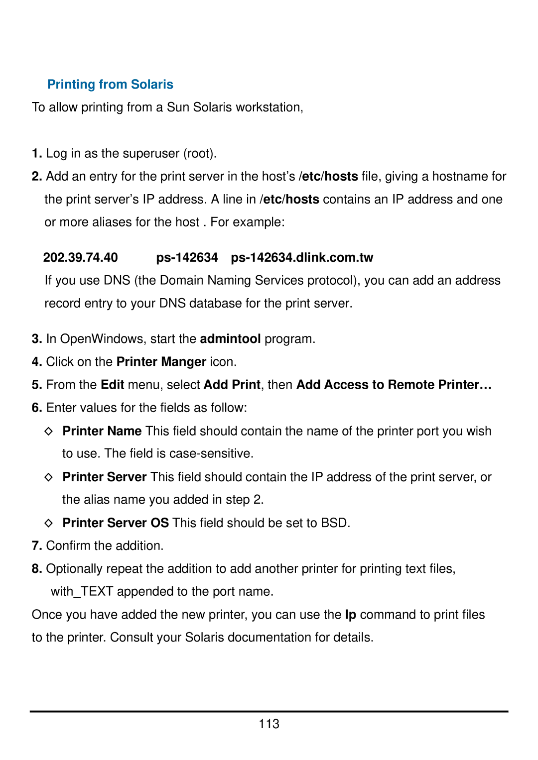 D-Link DP-300U manual Printing from Solaris 