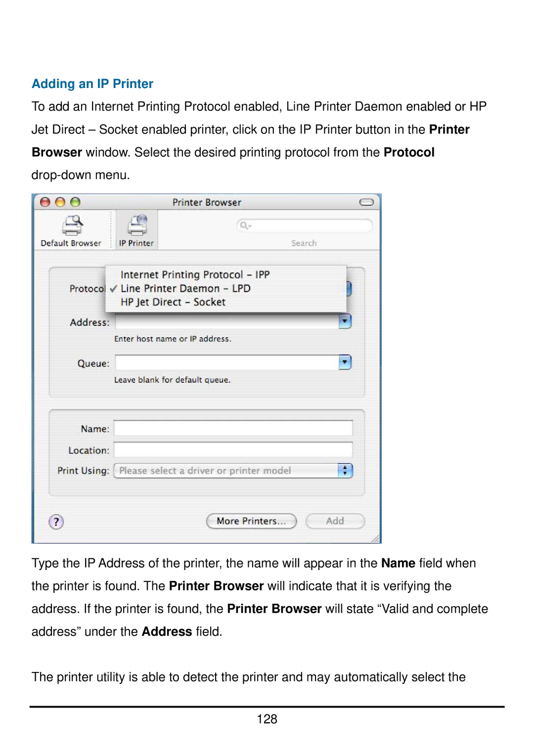 D-Link DP-300U manual Adding an IP Printer 