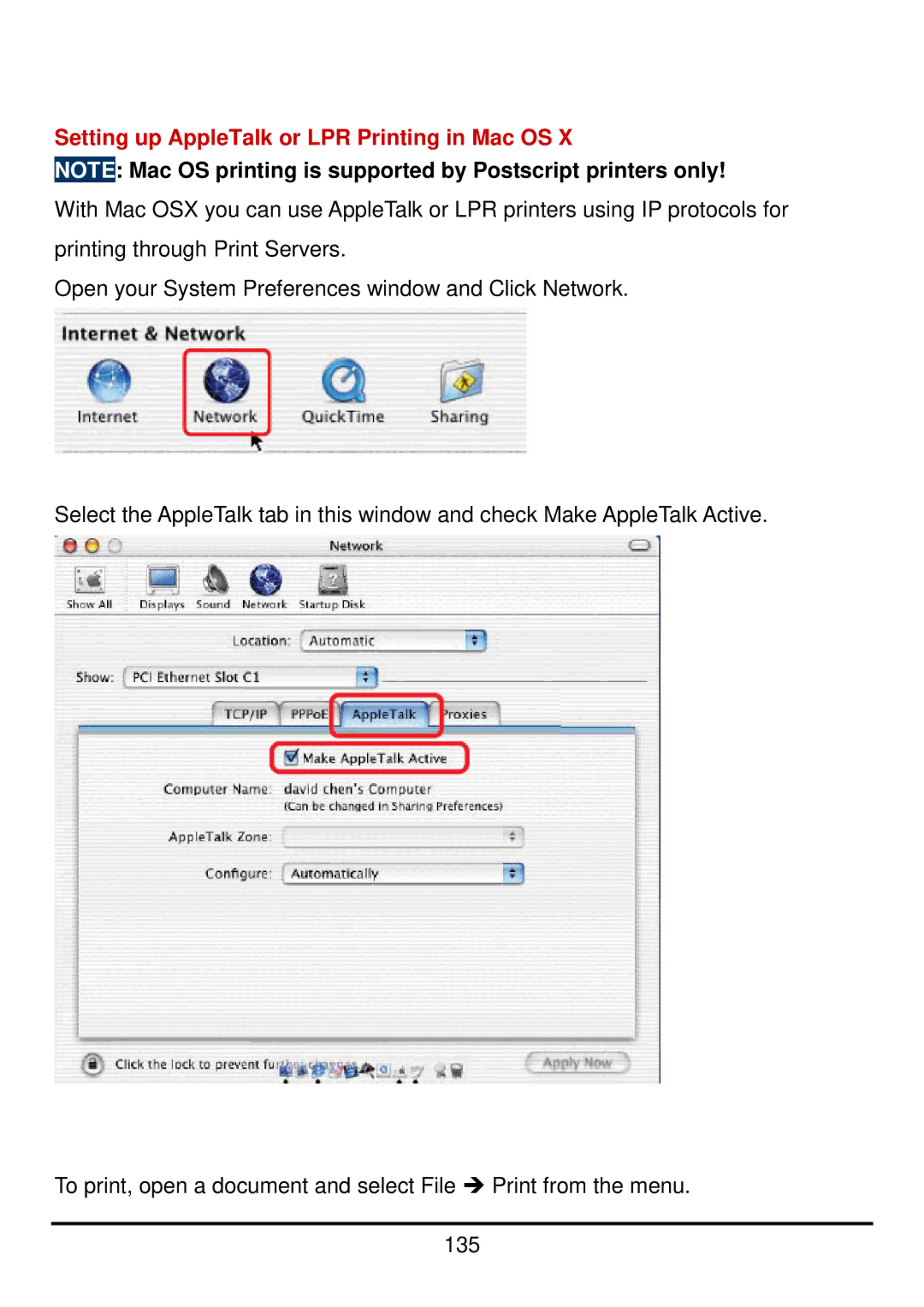 D-Link DP-300U manual Setting up AppleTalk or LPR Printing in Mac OS 