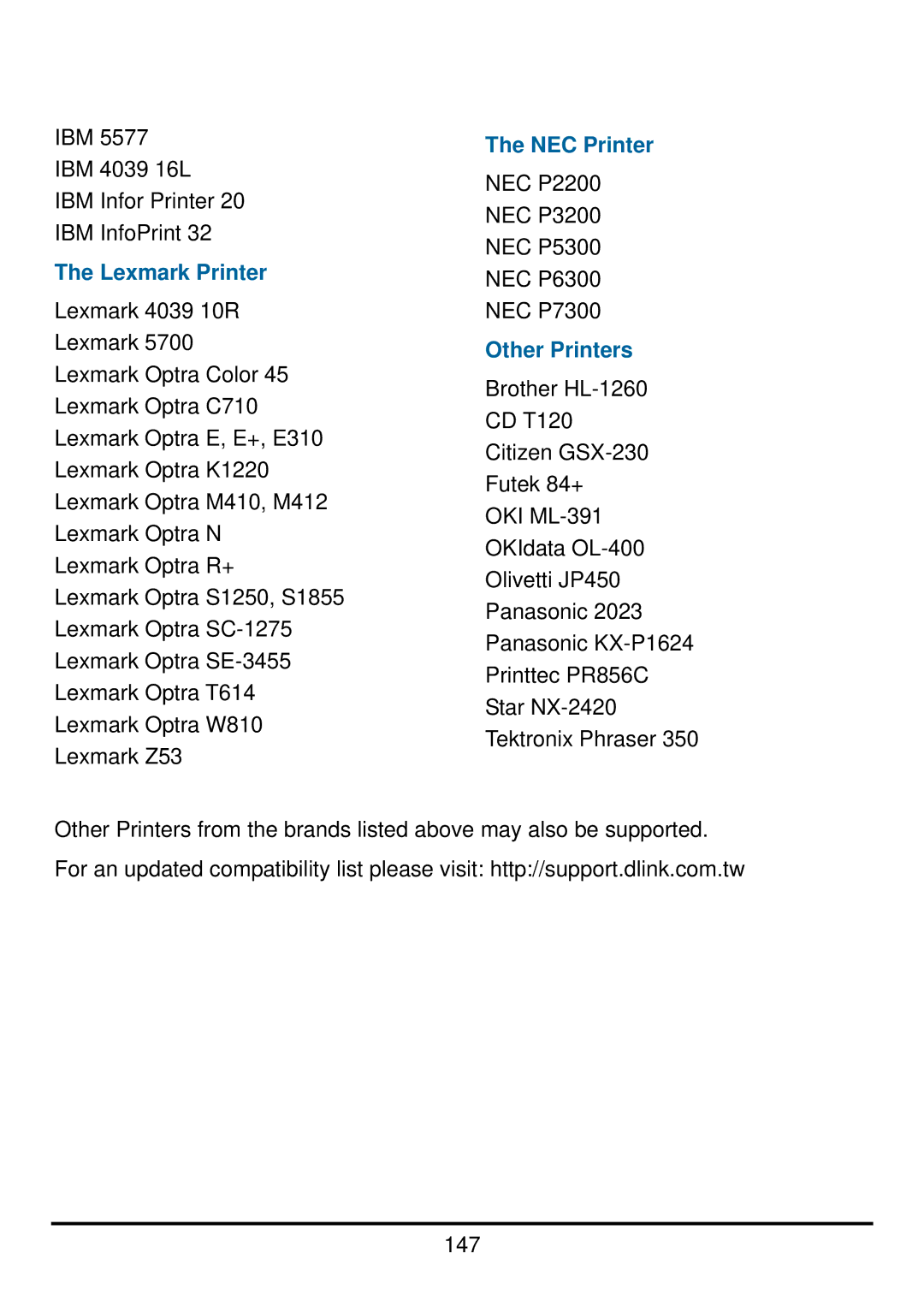 D-Link DP-300U manual Lexmark Printer, NEC Printer, Other Printers 