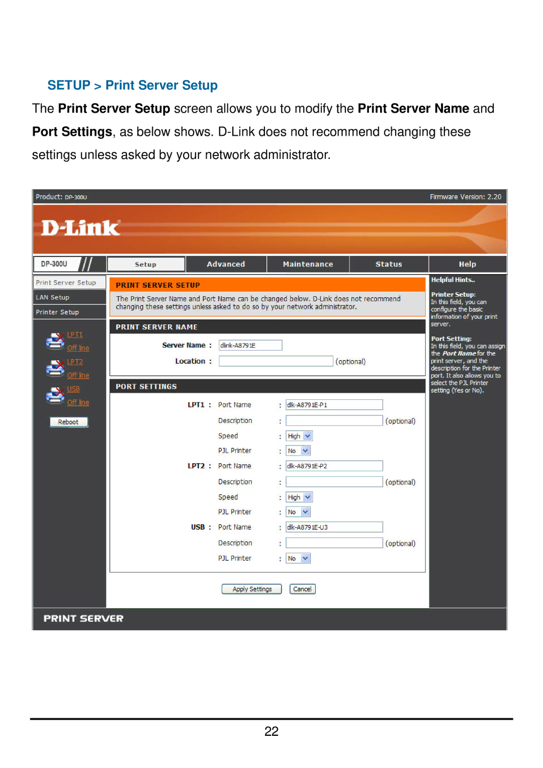 D-Link DP-300U manual Setup Print Server Setup 