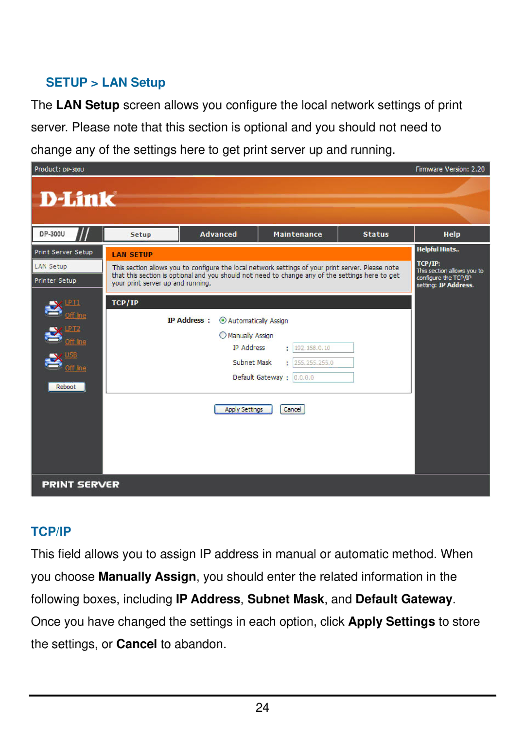 D-Link DP-300U manual Setup LAN Setup, Tcp/Ip 