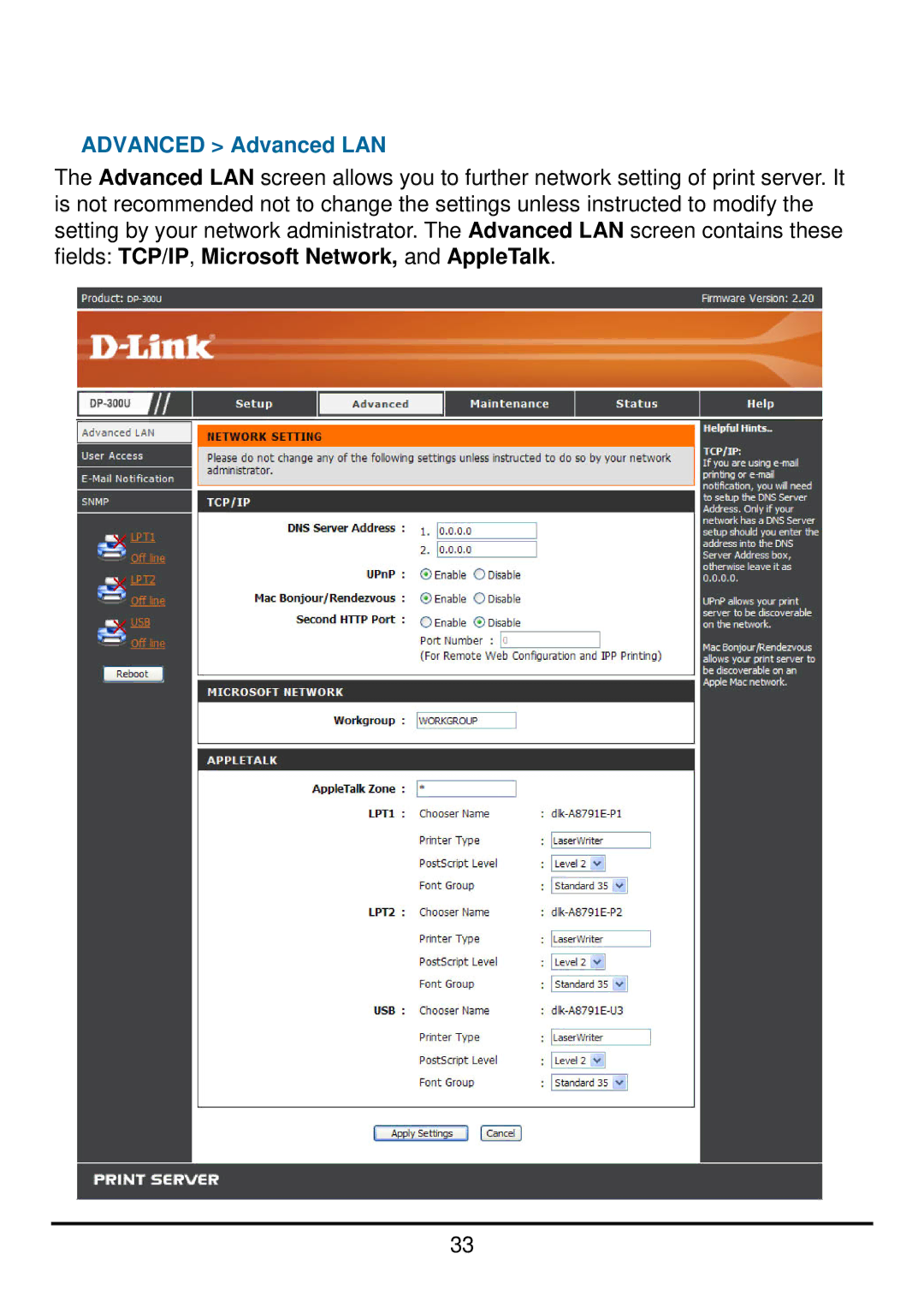 D-Link DP-300U manual Advanced Advanced LAN 