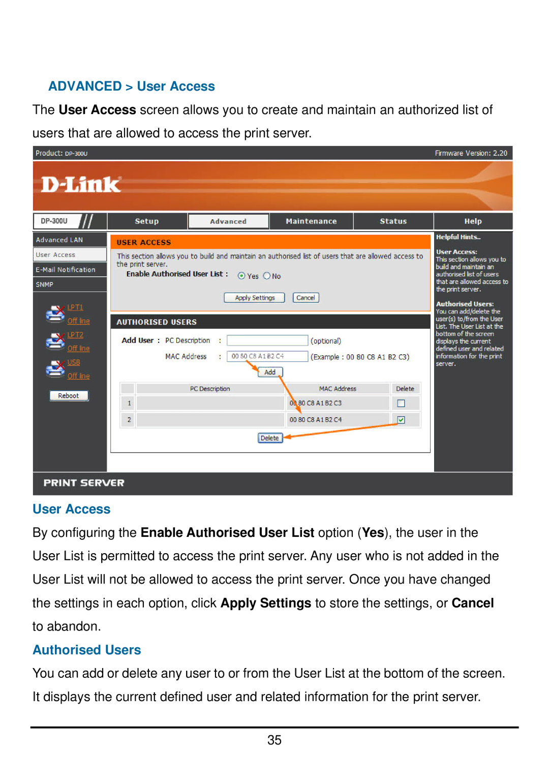 D-Link DP-300U manual Advanced User Access, Authorised Users 